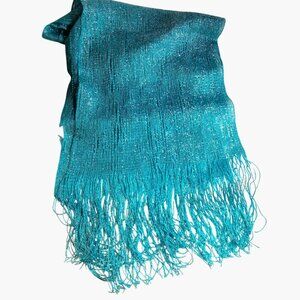 Blue Scarf Wrap Shimmery Lightweight Metallic Fringe Elegant Boho Wedding Boho